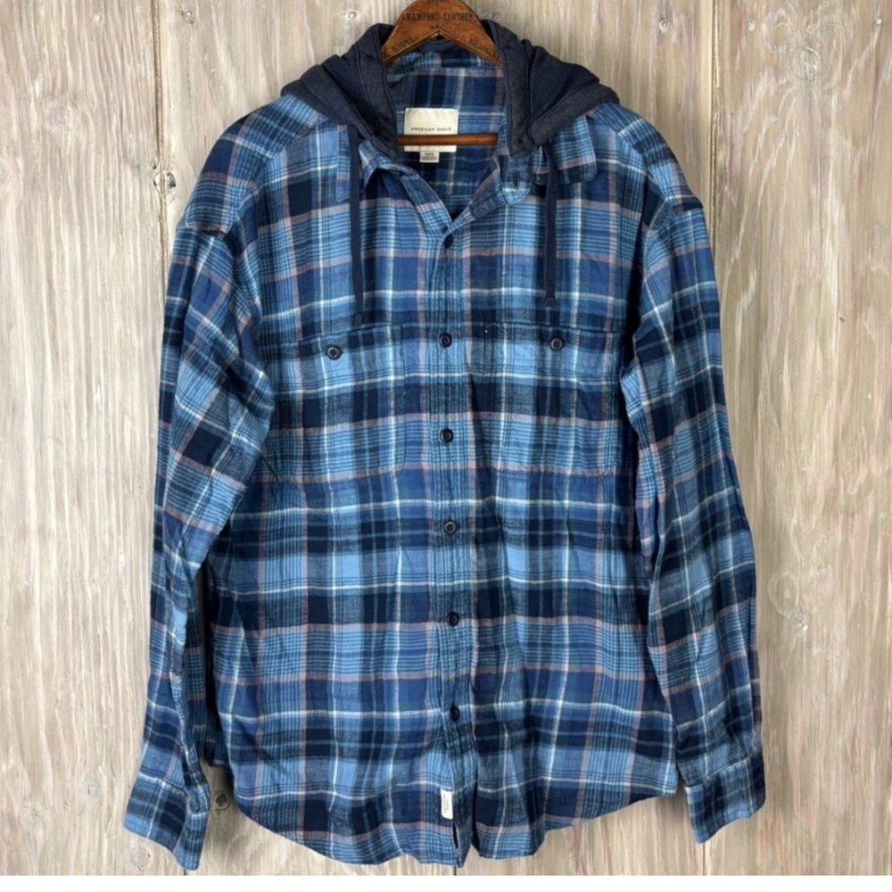 AMERICAN EAGLE Blue Plaid Flannel Hooded Shirt with Removable hood Men’s size L